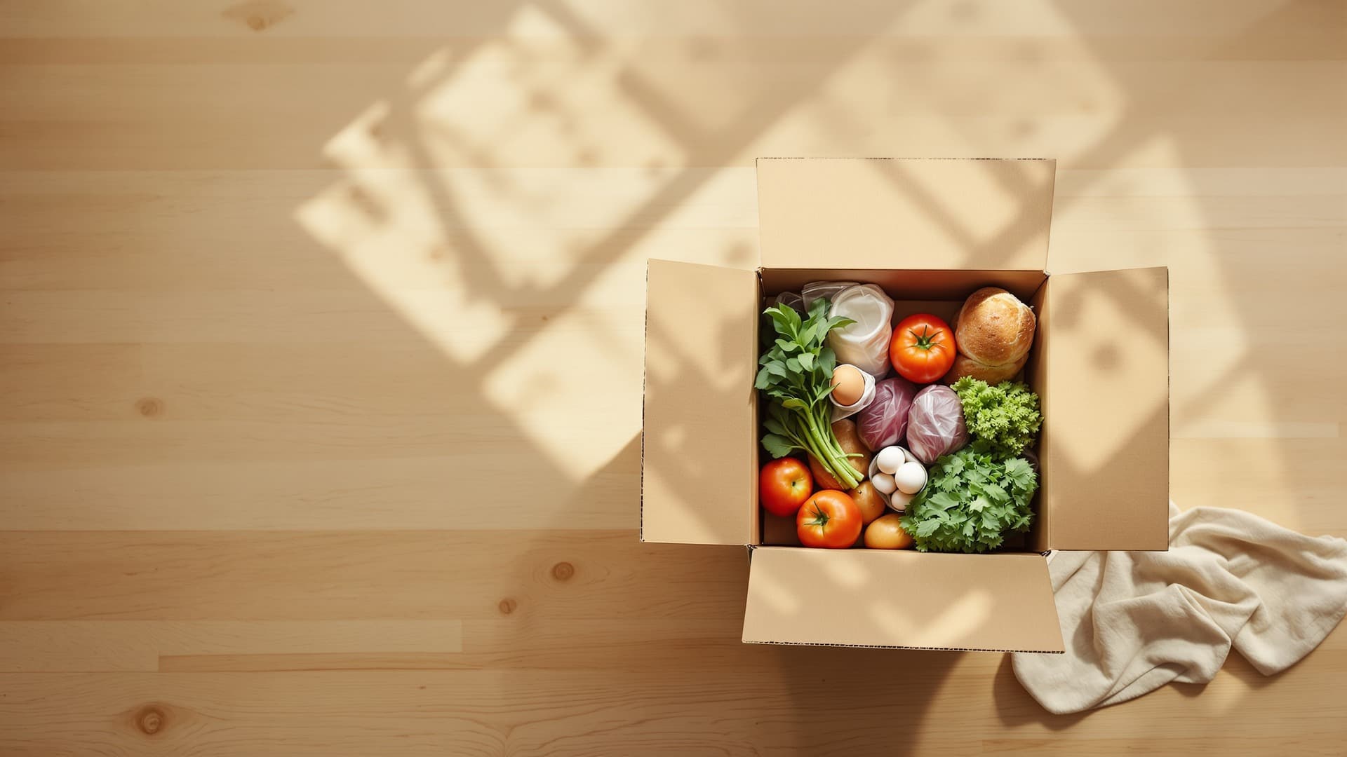 A subscription box filled with fresh produce, bread, eggs, and pantry staples on a kitchen table