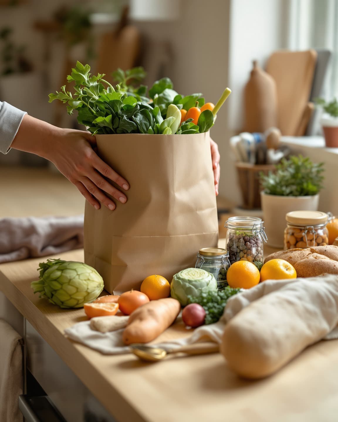 Hands placing fresh vegetables and bakery items from a grocery bag onto a kitchen counter